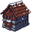 This pixel art showcases a rustic, two-story cabin with stone and wood construction, dusted with snow, evoking a sense of solitude and old-world charm. The detailed isometric perspective and earthy tones create a peaceful yet rugged atmosphere.