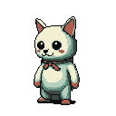 This pixel art features an endearing, wide-eyed cat-like mascot with blushy cheeks and a cute red bow. Its simple design and soft color palette evoke a feeling of nostalgia and charm.