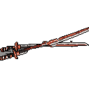 This pixel art image showcases a meticulously designed, futuristic sword with a mechanical hilt and a sharp, two-toned blade. The stark color palette and intricate details suggest a powerful weapon from a sci-fi or fantasy realm.