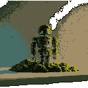 A lone robot, constructed from metallic scraps, stands amidst rubble in a desolate landscape. Bathed in a somber, desaturated light, the figure evokes a sense of quiet introspection and a hint of melancholy.