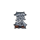 This pixel art showcases a multi-tiered, possibly Asian-inspired building rendered in muted greys and browns against a stark black background. The solitary structure, with its layered roofs and rough texture, evokes a sense of quiet antiquity.