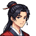 This pixel art portrait features a young man with dark hair tied back with a red ribbon, his subtle smirk hinting at a hidden depth. The close-up shot and muted color palette create an intriguing and nostalgic feel.