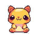This pixel art showcases a cute, fluffy hamster-like creature with a cheerful smile and expectant pose. Bathed in warm yellows, oranges, and pinks, the little animal radiates a friendly and inviting vibe.