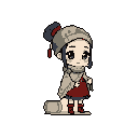 A wistful chibi girl with muted colors and a nostalgic vibe stands alone in a pixel art image. She wears a dark red dress and a beige hat, her expression hinting at quiet contemplation.