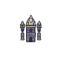 A solitary, pixelated medieval tower rises from the darkness, its weathered gray and purple stone hinting at age and mystery. Accented with a light yellow dome, the structure's barricaded windows and cylindrical turrets evoke a sense of isolation and forgotten times.