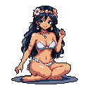 This detailed pixel art portrait features a relaxed woman in a bikini, adorned with a floral crown and shell necklace, offering a gentle smile. Her warm color palette and inviting pose create a peaceful, retro-inspired scene.