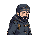 This pixel art portrait features a man with a full beard and beanie, clad in a dark winter coat. His gentle expression and slightly tilted head convey a sense of thoughtful observation.
