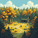 Charming pixel art depicts a group of relaxed pandas enjoying an autumn day in front of a rustic log cabin nestled in a serene forest. The scene evokes a peaceful, idyllic retreat into nature's beauty.