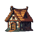 This pixel art depicts a charming, rustic fantasy cottage with a detailed thatched roof and half-timbered walls. The cozy, warm color palette creates a nostalgic and inviting atmosphere, focusing on the simple beauty of the building.