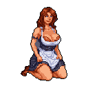 This pixel art depicts a friendly young woman in a traditional dirndl dress, kneeling with a gentle smile. The warm color palette and classic style create a nostalgic and inviting feel.