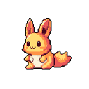 This pixel art depicts an adorable, fox-rabbit hybrid sitting contentedly with a warm, muted color palette, radiating a sense of gentle innocence. Its chibi-style and happy expression make it irresistibly cute.