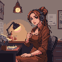 A pixel art image depicts a young woman with headphones, seated at a desk and gazing directly at the viewer with a subtle smile. The warm lighting and earthy tones create a peaceful, intimate workspace ambiance.