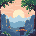 Pixel art showcases two traditional East Asian structures, including a multi-tiered pagoda, bathed in the warm light of sunrise or sunset within a serene mountain valley. The scene evokes a sense of peace and ancient beauty.