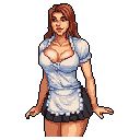 This pixel art portrait features a friendly woman with wavy brown hair and a gentle smile, her blue eyes meeting the viewer's gaze. She wears a light-colored blouse and apron, rendered in warm, natural tones that give a cute and nostalgic vibe.
