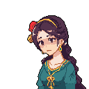 This pixel art bust features a bashful woman with auburn hair and a teal dress, adorned with golden accents and a red flower. Her slightly melancholic expression and rich color palette evoke a sense of classic character-driven art.