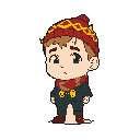 A melancholic, chibi-style boy with a red hat and scarf stands thoughtfully, his downward gaze and furrowed brow hinting at introspection. His muted color palette and isolated presentation enhance the feeling of quiet contemplation.
