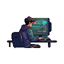 A pixel art image captures a figure engrossed in an old computer screen, the vibrant glow illuminating their focused posture and hinting at coding or intense digital work. The cool color palette and dark background evoke a sense of quiet diligence and a touch of retro tech nostalgia.
