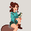 A pixel art image depicts a young woman in profile, gently interacting with a small bird perched on her hand. The scene exudes a peaceful and endearing vibe, highlighting a moment of calm companionship.