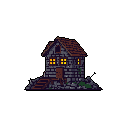 A solitary, rustic stone house glows with warm light in the darkness, its pixelated form hinting at a humble dwelling or hidden retreat. The warm windows invite the viewer to imagine the life within this isolated, yet comforting, structure.