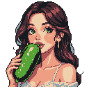 A captivating pixel art portrait shows a young woman with alluring eyes holding a bright green pickle to her lips. The close-up framing and subtle details, like delicate earrings and intricate hair, add a playful yet modern charm to the image.