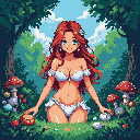 A pixel art image depicts a serene young woman with auburn hair and delicate white flowers, nestled within a lush, enchanted forest. She wears a white bikini top and bottom, her gentle expression and relaxed posture conveying a sense of peace within her magical surroundings.
