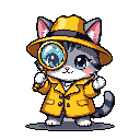 This pixel art features an adorable, slightly bewildered cat detective in a bright yellow trench coat and fedora, intently examining something with a large magnifying glass. The charming design and vibrant colors create a whimsical and humorous take on the classic detective trope.