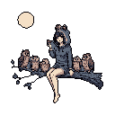 A girl in an animal-eared hoodie sits on a moonlit branch, sharing a quiet moment with a group of attentive owls. The serene scene evokes a sense of nighttime tranquility and a harmonious connection with nature.