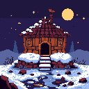 This pixel art depicts a snow-dusted cottage with warmly lit windows, nestled in a serene winter landscape under a starlit night sky. The cozy scene features a inviting glow from the house, contrasting with the cool, quiet atmosphere of the surrounding forest.
