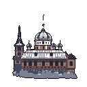 A beautifully detailed pixel art building, reminiscent of a frosted castle or palace, stands in stark isolation. The muted, cool tones and intricate architectural details evoke a sense of historical significance and quiet grandeur.