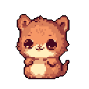 This pixel art image features an adorable, fluffy hamster-like creature with big, pleading eyes and a sweet smile. Set against a stark black background, the warm brown and peach tones emphasize the creature's innocent and endearing nature.