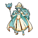 A poised pixel art sorceress, rendered in cool blues and creams, stands ready with staff in hand. Her serene expression and elegant attire against a stark black background evoke a sense of mystique and gentle power. The intricate details and glowing gem on her staff hint at the magic she commands.
