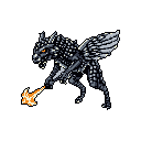 A fierce, winged wolf-like creature lunges forward, its glowing orange eyes and a fiery blast emanating from its claw hinting at immense power. The pixel art style and dark palette create a menacing and nostalgic vibe.