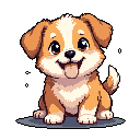 This adorable pixel art depicts a happy, seated puppy, possibly a Golden Retriever, with a wide smile and sparkling eyes. Its simple, charming design against a black background radiates cuteness and captures a playful moment.
