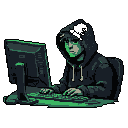 A hooded hacker, bathed in the eerie green glow of a computer screen, intensely focuses on their work. The pixel art captures a solitary figure immersed in a digital task, shrouded in mystery and concentration.