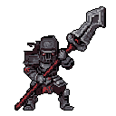 A heavily armored knight stands ready, wielding a massive, glowing-red accented polearm against a void backdrop. The pixel art emphasizes the warrior's imposing presence and otherworldly power through contrasting dark armor and vivid red details.