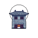 This pixel art showcases a serene, two-story East Asian building with a curved roof, rendered in cool tones and accented with red. Bathed in the glow of a large white circle, reminiscent of the moon, the building evokes a sense of mystery and traditional beauty.