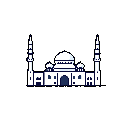 This pixel art showcases a minimalist mosque rendered in white and indigo, its central dome and minarets standing starkly against a black void. The serene design emphasizes the architectural form with a high-contrast, monochromatic palette.