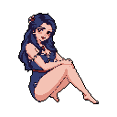 A pixel art portrait depicts a seated woman with flowing blue hair and a gentle expression, gazing softly at the viewer in quiet contemplation. Details like a red flower in her hair and a delicate necklace add to her serene and approachable charm.