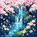 A pixelated waterfall cascades through a lush, serene landscape, adorned with blooming cherry blossom trees and scattered petals. The vibrant colors and flowing water create a peaceful, nostalgic scene.