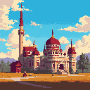 A solitary figure approaches a magnificent, pixelated palace or mosque, complete with red-domed towers and a towering minaret, under a vibrant sky. The warm colors and detailed architecture evoke a sense of history and peaceful majesty.