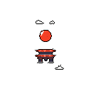 A pixelated pagoda in red and blue-gray stands beneath a glowing red orb in the night, evoking a sense of minimalist wonder.