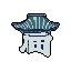 This pixel art depicts a serene, stylized pagoda roof rendered in cool blue-grey tones against a stark black background. The architectural element showcases traditional East Asian design with its tiered roof and decorative eaves.