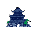 This pixel art showcases a solitary, multi-tiered East Asian temple rendered in cool blues and grays, accented by vibrant green foliage. The detailed structure, complete with an arched entrance and intricate roofing, evokes a sense of historical architecture and quiet contemplation.