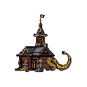 A magical academy or dwelling takes center stage, featuring intricate wooden and stone architecture with a golden spire. A serpentine dragon-like creature coils protectively around the building's base, its scales rendered in warm yellows and browns. The scene evokes a sense of fantasy and mystique.