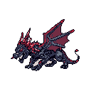 A menacing, two-headed dragon-like beast, rendered in detailed pixel art, dominates the frame with its armored body, glowing red eyes, and crimson wings. The creature's dynamic pose and sharp features evoke a powerful, gothic fantasy monster.