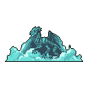 A mighty, winged dragon bursts forth from swirling icy-blue clouds in this striking pixel art image. The creature's imposing form and dramatic pose evoke a sense of powerful emergence and fantastical mystery.