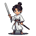 A determined chibi warrior stands ready for battle, wielding a silver sword with focused intensity. The youthful character, clad in a white gi and dark sash, embodies a blend of cuteness and martial prowess.