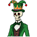 This pixel art portrait features a skeletal figure in formal, fantastical attire, complete with a jester-like hat and glowing red eyes, creating a macabre yet elegant character. The unsettling image blends whimsy and formality, hinting at a mysterious persona.