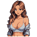This pixel art portrait captures a warm and inviting woman with long brown hair, gazing directly at the viewer with a gentle smile. She's depicted in a casual, open shirt, her simple style adding to the image's calm and alluring vibe.