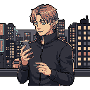 A young man, illuminated by a vibrant city skyline, gazes contemplatively at his phone while holding a lit cigarette. The pixel art portrait captures a moment of quiet introspection against the backdrop of the bustling urban night.